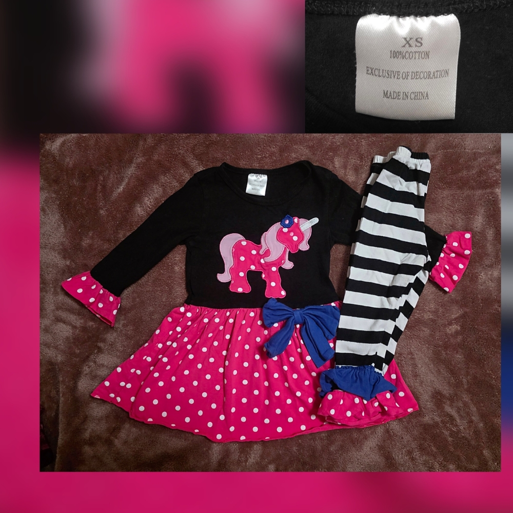 Pink Unicorn Dress with Striped Leggings